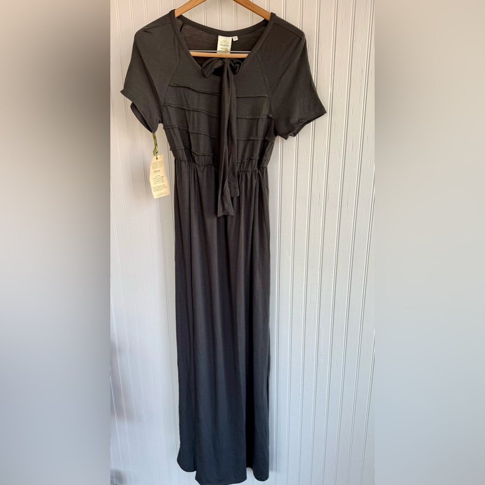 Shabby Apple Gray Cottagecore Maxi Dress with Bow Detail Size Small